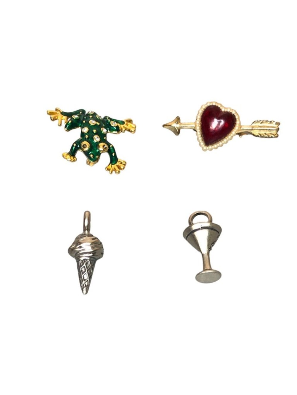 Vintage Jewelry Lot of 4 Heart & Enamel Frog Pins Ice Cream Cone Martini Charms